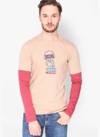 Campus Sutra Beige Printed Round Neck T-Shirts