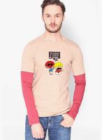 Campus Sutra Beige Printed Round Neck T-Shirts