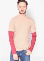 Campus Sutra Brown Solid Round Neck T-Shirts