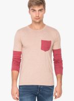 Campus Sutra Brown Solid Round Neck T-Shirts