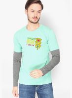 Campus Sutra Green Printed Round Neck T-Shirts