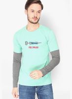 Campus Sutra Green Printed Round Neck T-Shirts