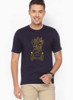 Campus Sutra Navy Blue Graphic Round Neck T-Shirts