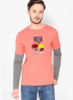 Campus Sutra Peach Printed Round Neck T-Shirts