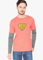 Campus Sutra Peach Printed Round Neck T-Shirts