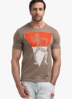 Cult Fiction Brown Printed Round Neck T-Shirts