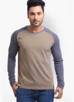 Cult Fiction Brown Solid Round Neck T-Shirts