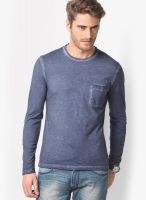 Gas Blue Solid Round Neck T-Shirts