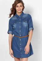 Ginger By Lifestyle Blue Colored Solid Shift Dress