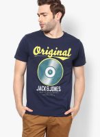 Jack & Jones Blue Printed Round Neck T-Shirts