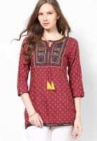 Mustard Red Embroidered Kurtis