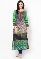 Raindrops Green Paisley Print Cotton Blend Kurta