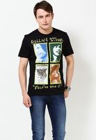 Rolling Stone Black Printed Round Neck T-Shirts