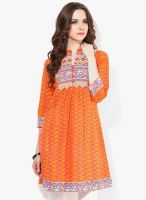 Sangria Orange Kurta With 3/4Th Sleeves And Gathers At Center Front