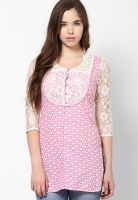 Sangria Pink Printed Cotton Kurti With Mandarin Collar & Lace Sleeves & Yoke