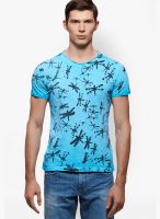 Sisley Aqua Blue Printed Round Neck T-Shirts