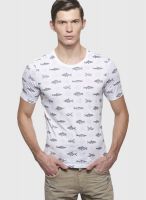 Sisley White Printed Round Neck T-Shirts