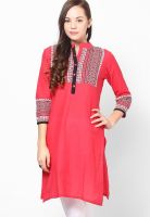 Span Red Embroidered Kurta