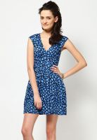 French Connection Blue Colored Printed Skater Dress