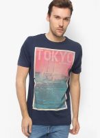 Slub Navy Blue Printed Round Neck T-Shirts