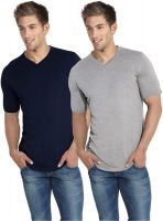 Blackburne Inc Solid Men's V-neck Dark Blue, Grey T-Shirt(Pack of 2)