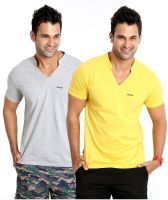 Rodid Solid Men's V-neck Grey, Yellow T-Shirt(Pack of 2)