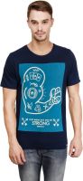 Slub Printed Men's Round Neck Blue T-Shirt