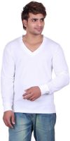 Vivid Bharti Solid Men's V-neck White T-Shirt