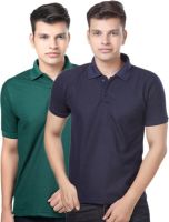 eSOUL Solid Men's Polo Neck Dark Green, Dark Blue T-Shirt(Pack of 2)