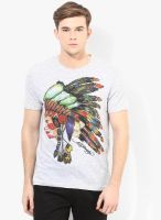 Ed Hardy Grey Melange Printed Round Neck T-Shirt