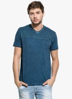 Mufti Blue Striped V Neck T-Shirt