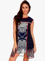 Fusion Beats Navy Blue Colored Printed Asymmetric Dress