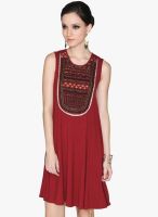 Label Ritu Kumar Maroon Colored Embroidered Skater Dress