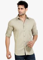 London Bee Beige Solid Slim Fit Casual Shirt