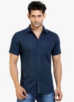 London Bee Navy Blue Solid Slim Fit Casual Shirt