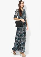 MIAMINX Black Colored Printed Maxi Dress With Belt