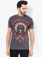 Affliction Charcoal Grey Printed Round Neck T-Shirts
