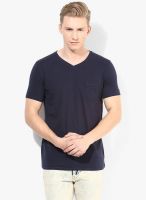 Breakbounce Navy Blue Solid V Neck T-Shirt