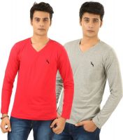 BrownBird Solid Men's V-neck Red, Grey T-Shirt(Pack of 2)