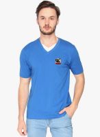 Campus Sutra Aqua Blue Solid V Neck T-Shirt