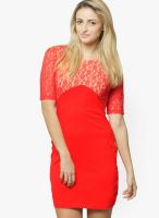 Miss Chase Red Colored Embroidered Bodycon Dress