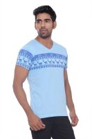 Pezzava Self Design Men's V-neck Reversible Blue, Light Blue T-Shirt