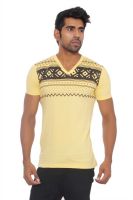 Pezzava Self Design Men's V-neck Reversible Yellow, Black T-Shirt