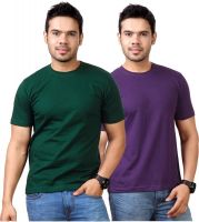Top Notch Solid Men's Round Neck Dark Green, Purple T-Shirt(Pack of 2)