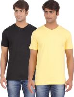 Ap'pulse Solid Men's V-neck Black, Yellow T-Shirt(Pack of 2)