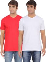 Ap'pulse Solid Men's V-neck Red, White T-Shirt(Pack of 2)