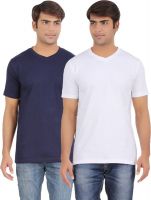 Ap'pulse Solid Men's V-neck Dark Blue, White T-Shirt(Pack of 2)