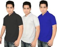 BrandTrendz Solid Men's Polo Neck Black, Grey, Blue T-Shirt(Pack of 3)