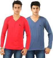 BrownBird Solid Men's V-neck Red, Blue T-Shirt(Pack of 2)