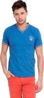 Elaborado Embroidered Men's V-neck Blue T-Shirt